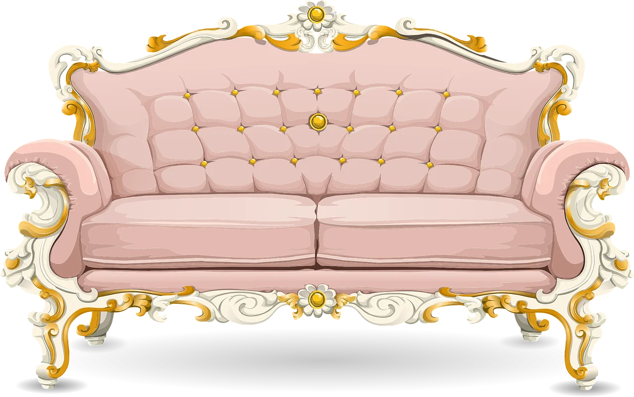 Elegant Baroque-Style Luxurious Pink Rococo Clipart Sofa with Golden Ornate Trim