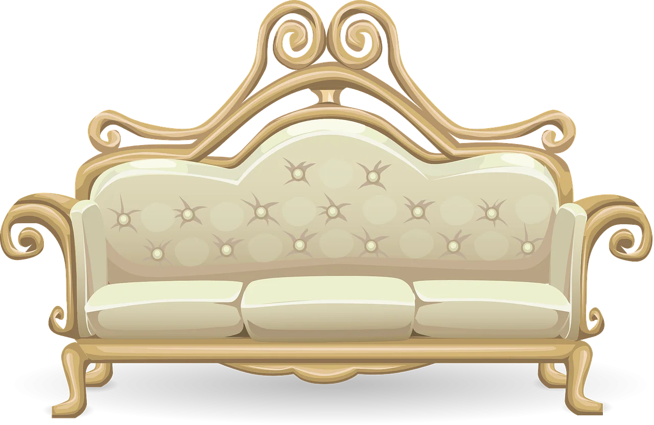 Elegant Vintage Golden Scroll Luxury Sofa Clipart Design with Tufted Upholstery