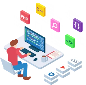 Isometric Software Developer Workspace Clipart - Programming Languages and Tools