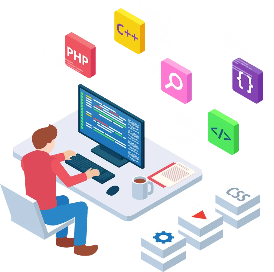 Isometric Software Developer Workspace Clipart - Programming Languages and Tools