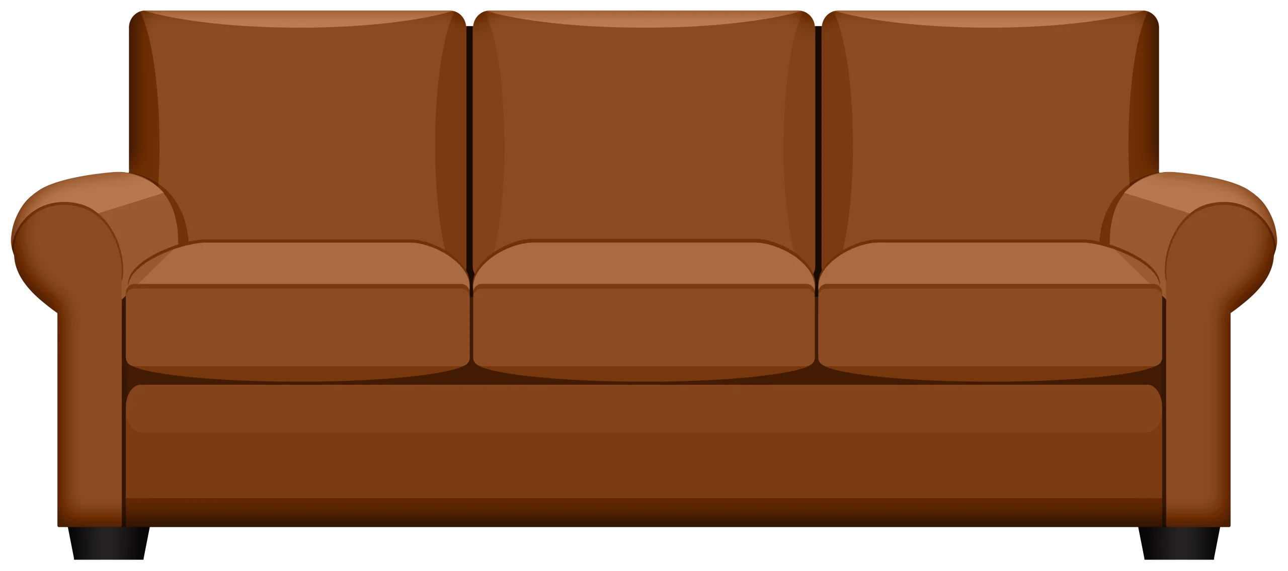 Minimalist Brown Leather Three-Seater Sofa Clipart with Smooth Rolled Arms