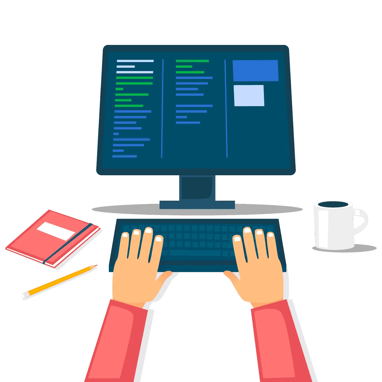 Minimalist Programmer's Workspace Clipart with Hands on Keyboard