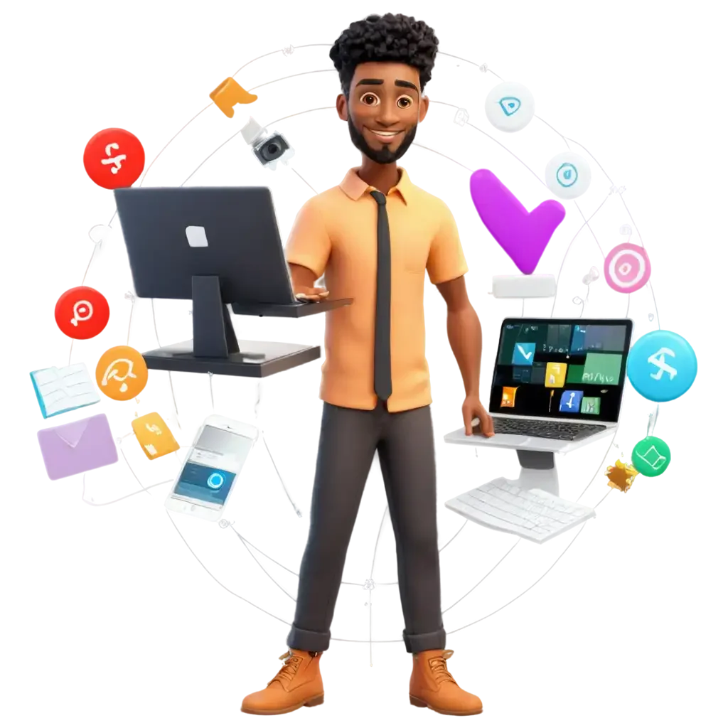 Tech-Savvy Professional Navigating Digital Landscape Cartoon Clipart Illustration