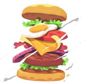 Towering Culinary Delight: A Playful and Colorful Hamburger Clipart Illustration
