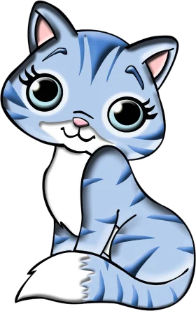 Adorable Blue and White Striped Cartoon Cat Clipart with Playful Expression