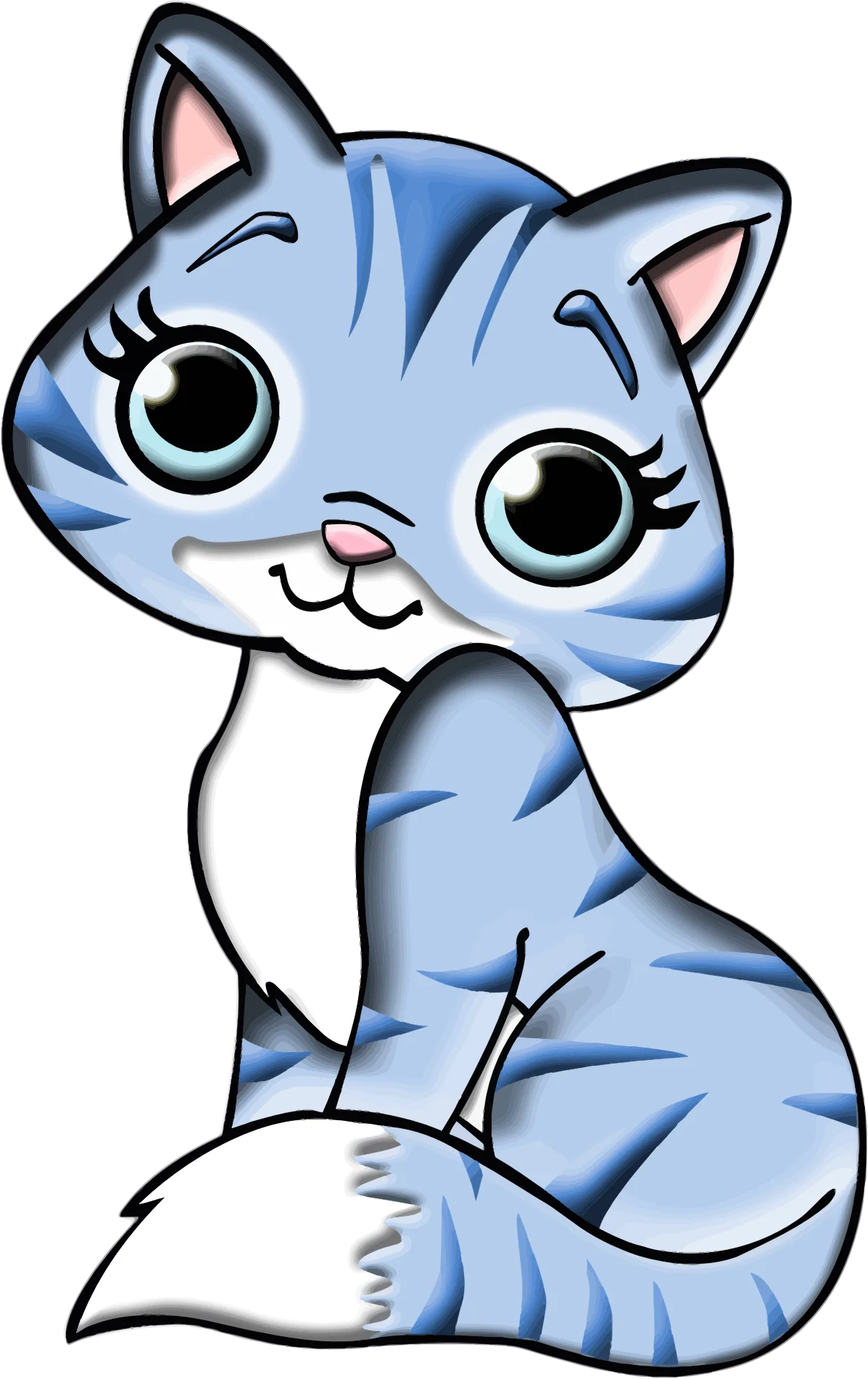 Adorable Blue and White Striped Cartoon Cat Clipart with Playful Expression