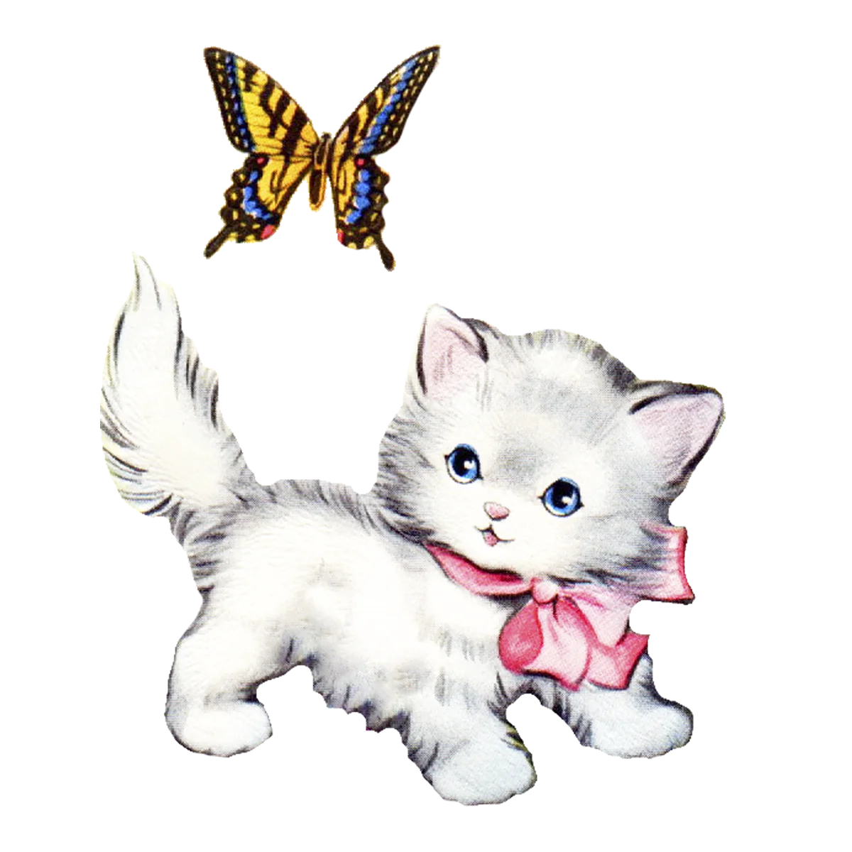 Adorable White Kitten with Pink Bow and Butterfly Vintage Clipart Illustration