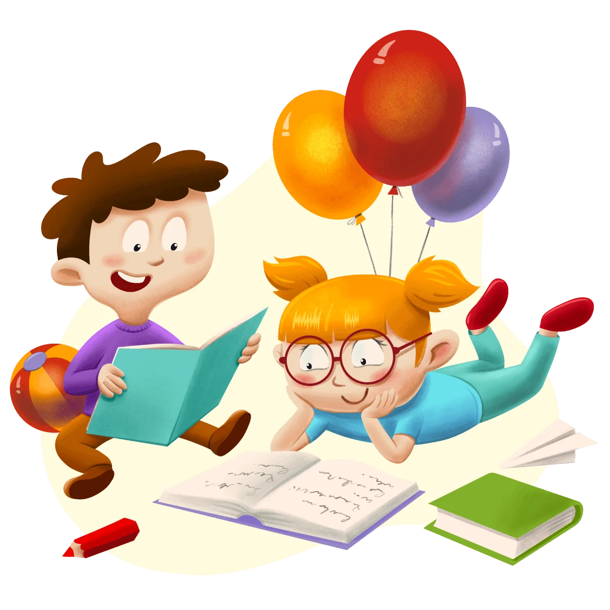 Cheerful Children Studying Together with Colorful Balloons Clipart Illustration