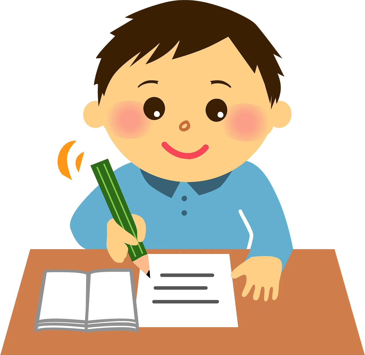 Cheerful Young Student Diligently Completing Homework with Enthusiasm Clipart