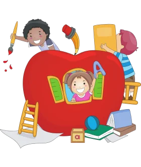 Colorful Children's Learning Adventure Inside Giant Red Apple Homework Clipart
