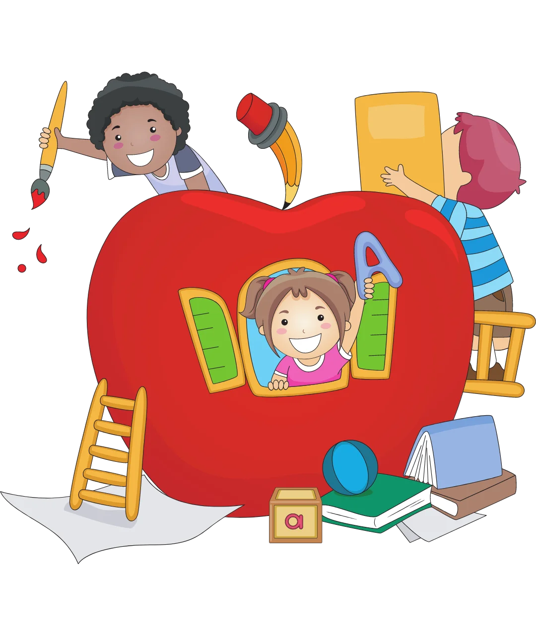 Colorful Children's Learning Adventure Inside Giant Red Apple Homework Clipart