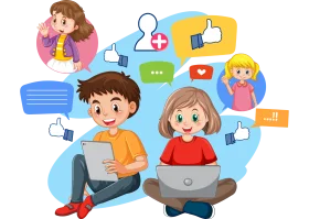 Digital Learning and Collaboration: Kids Studying Together Online Clipart Illustration