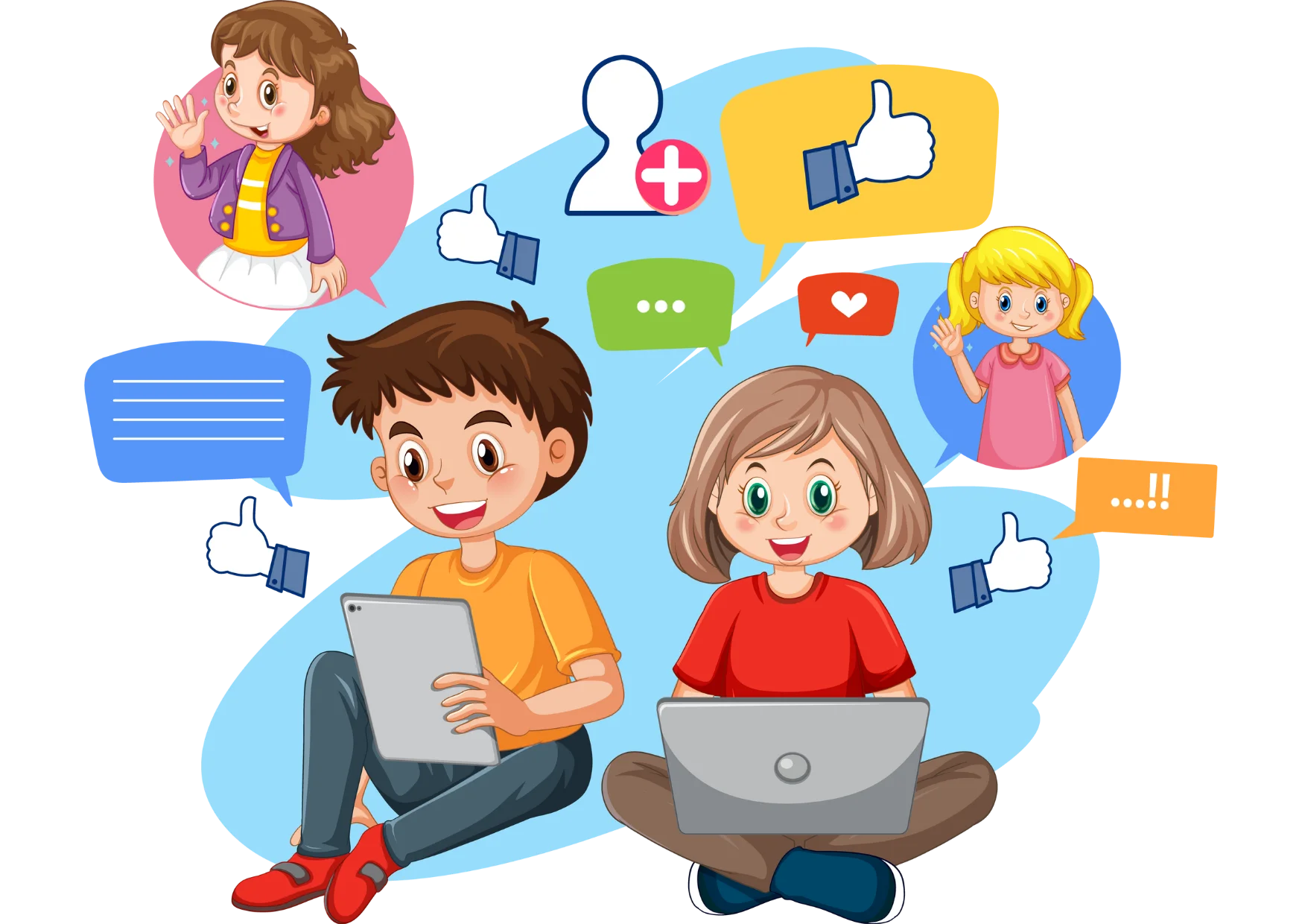 Digital Learning and Collaboration: Kids Studying Together Online Clipart Illustration