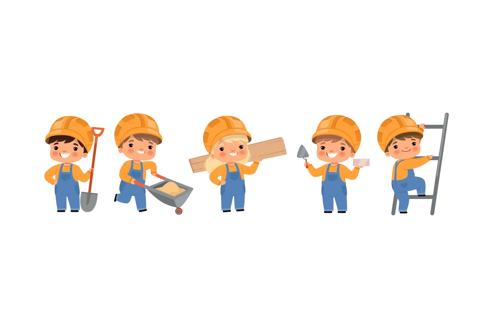 Little Construction Workers Clipart: Adorable Children in Safety Gear Performing Various Tasks