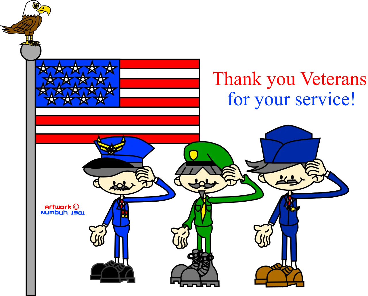 Saluting Veterans: Cartoon Soldiers Honoring the American Flag on Veterans Day Clipart
