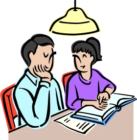 Students Collaborating on Homework Under Warm Lamplight - Educational Clipart Scene