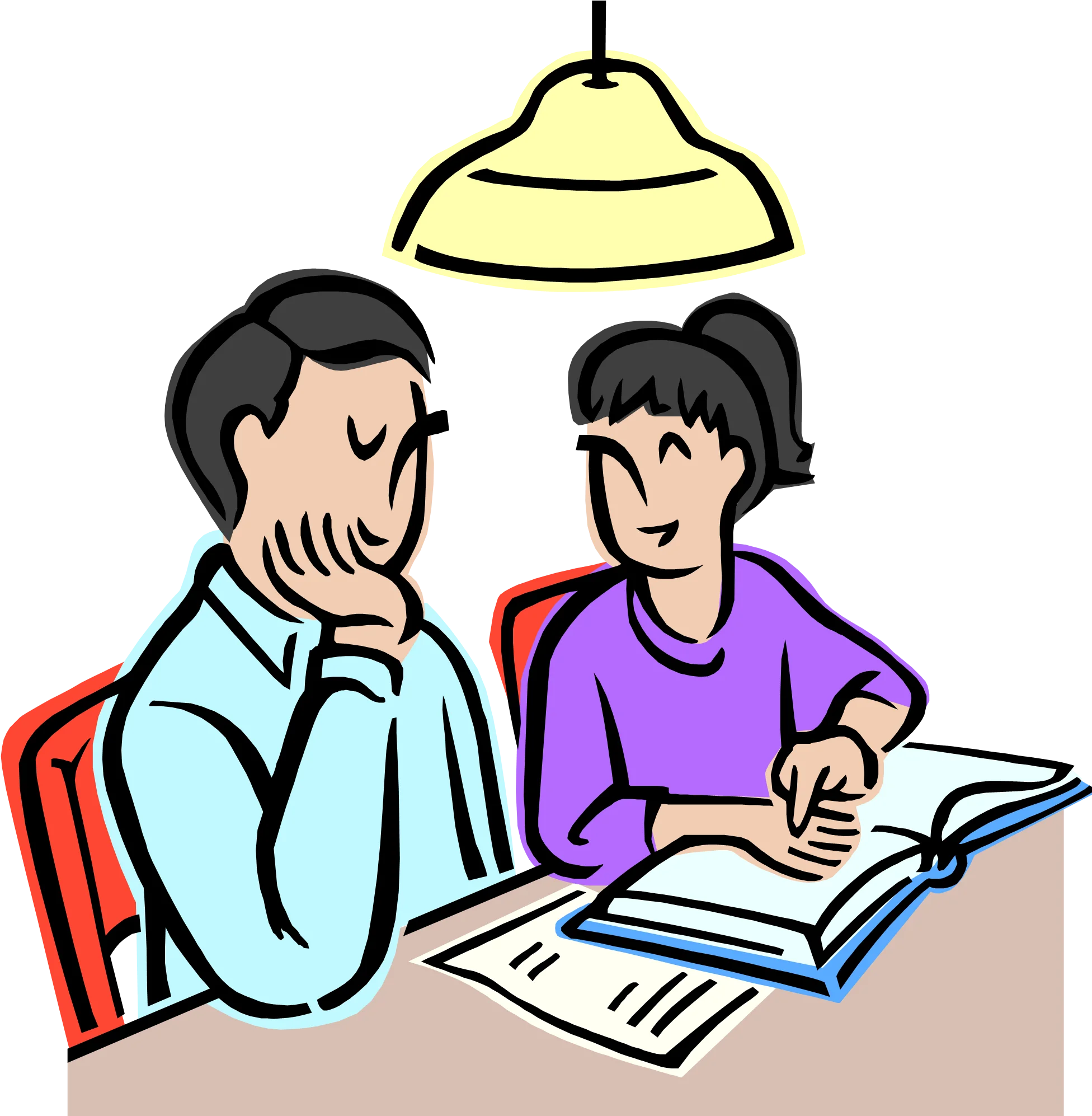 Students Collaborating on Homework Under Warm Lamplight - Educational Clipart Scene