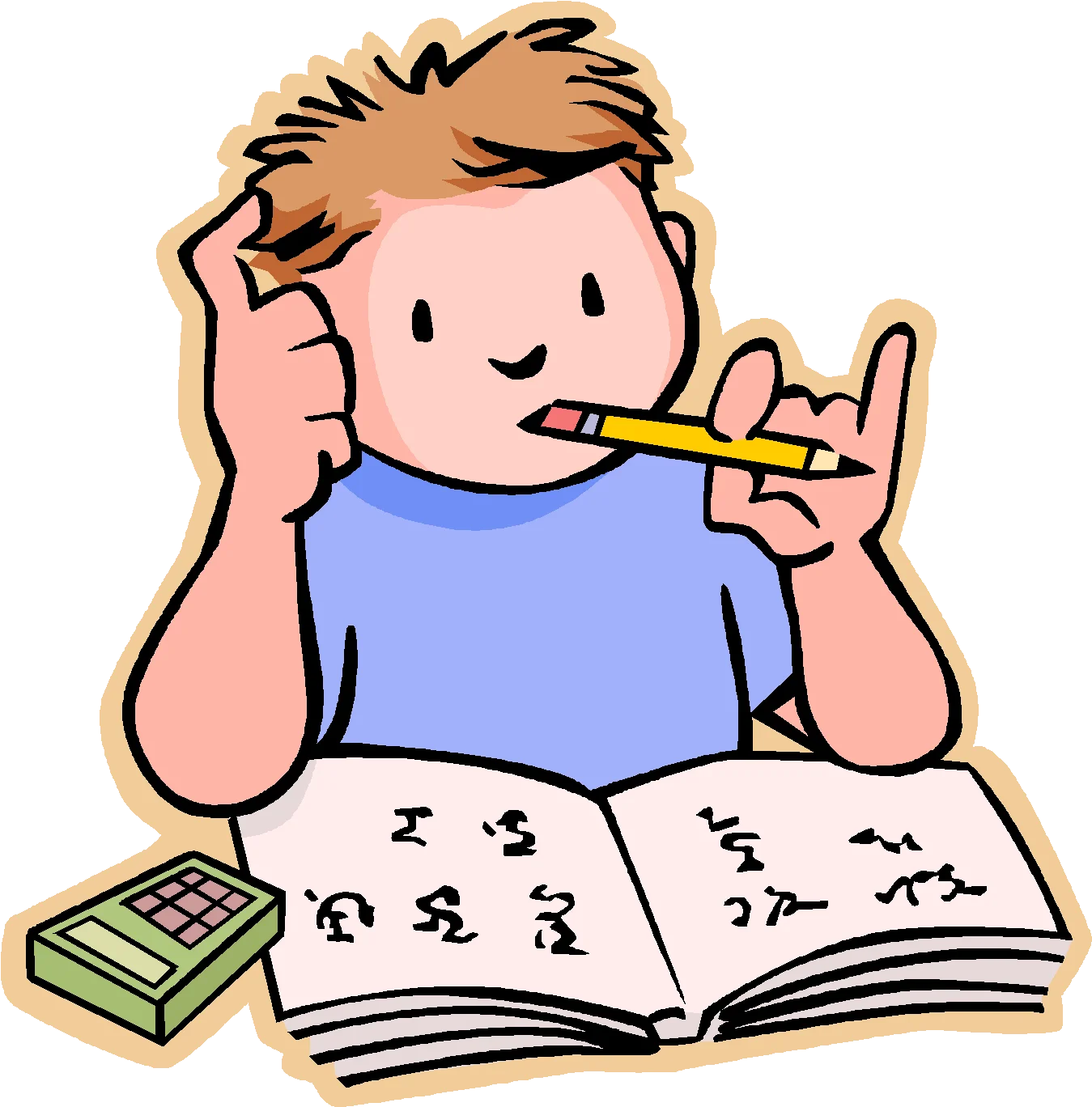Studious Young Learner Focused on Homework with Pencil and Textbook Clipart Illustration