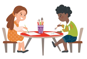 Two Children Studying Together at a Desk with Colorful School Supplies Clipart Illustration