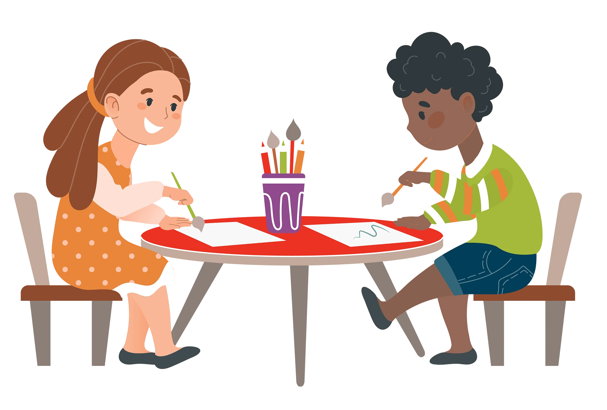 Two Children Studying Together at a Desk with Colorful School Supplies Clipart Illustration