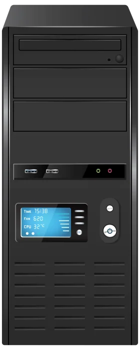 Detailed Black Desktop Computer Tower Clipart with Digital Display Panel