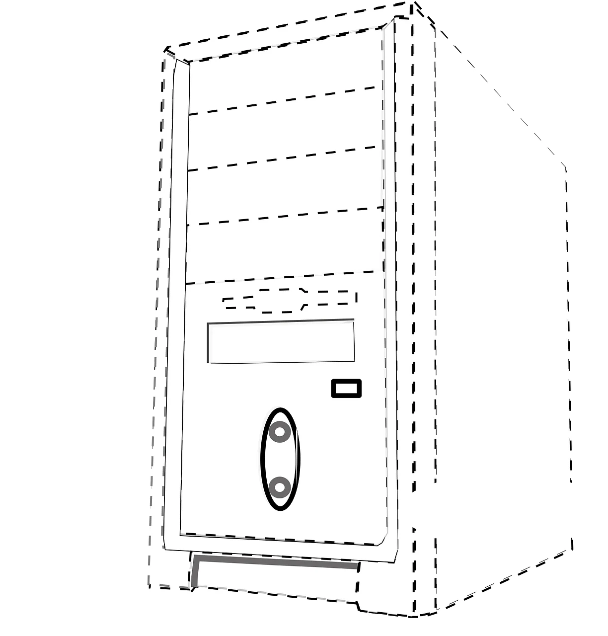 Minimalist Black and White Computer Tower Clipart Schematic Illustration