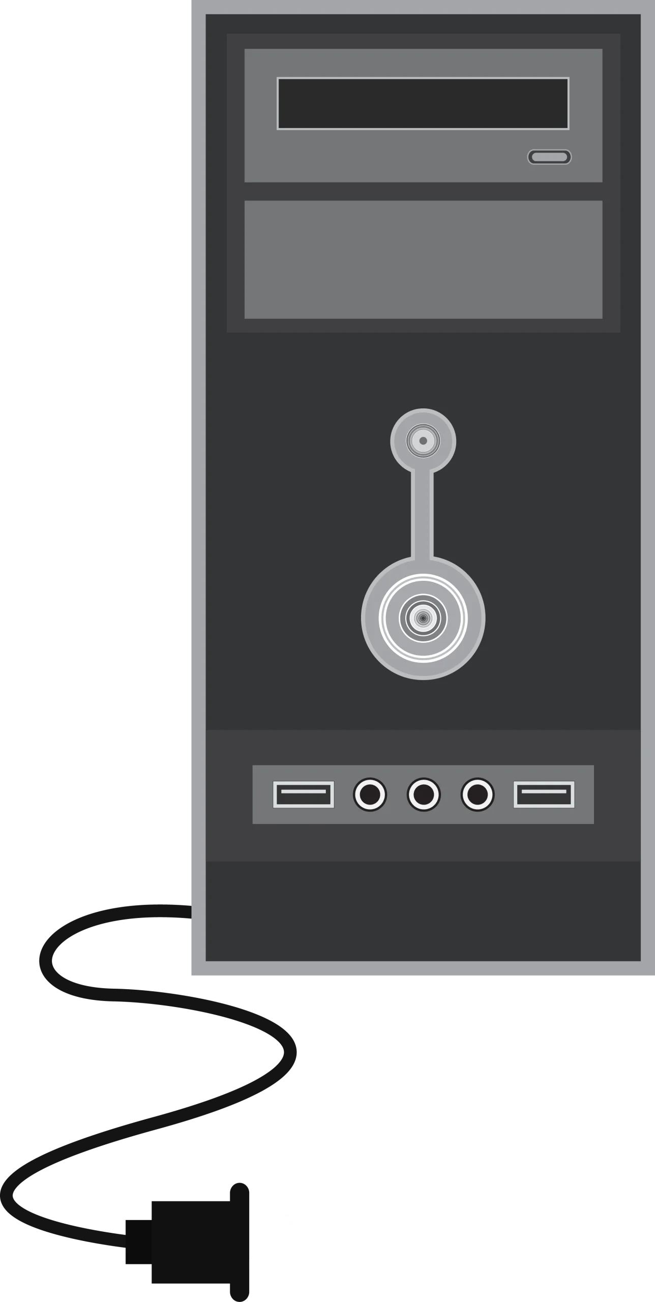 Monochrome Computer Tower Clipart with Power Cord and Connection Ports