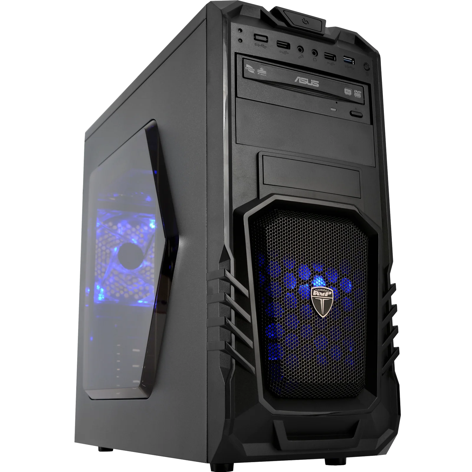 Sleek Black Gaming PC Tower Clipart with Blue Illuminated Cooling Elements