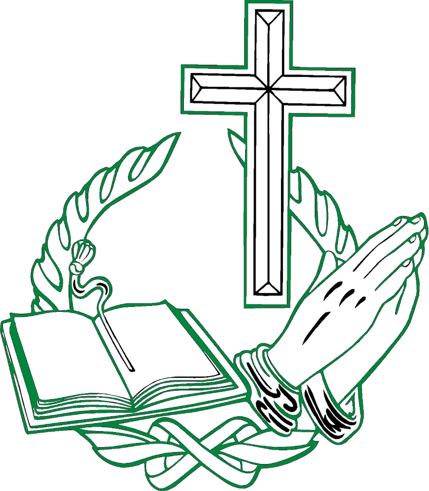 Spiritual Symbolism Clipart: Praying Hands, Cross, and Holy Book in Serene Green Sketch