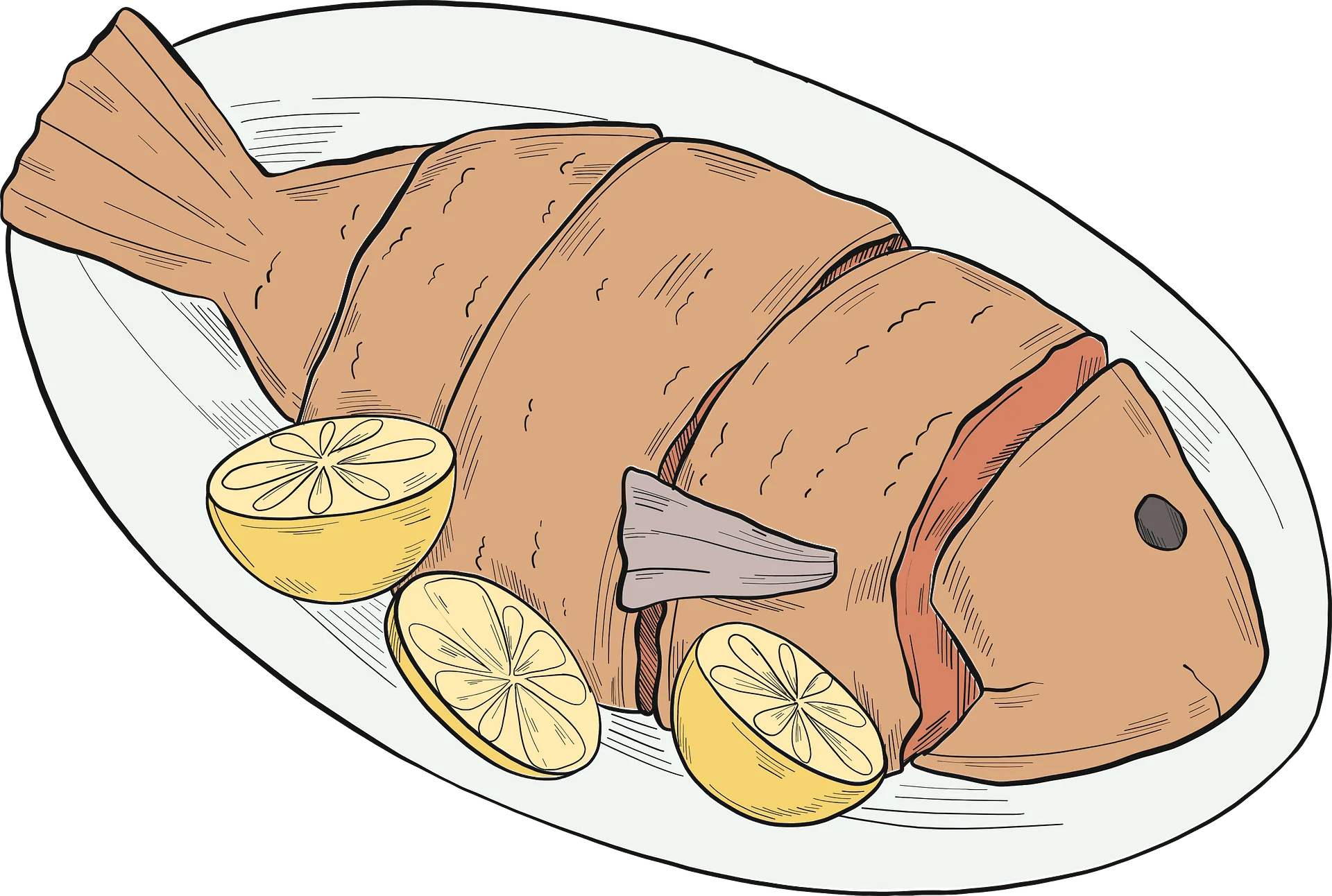 Delightful Whole Cooked Fish Seafood Clipart Illustration with Lemon Slices