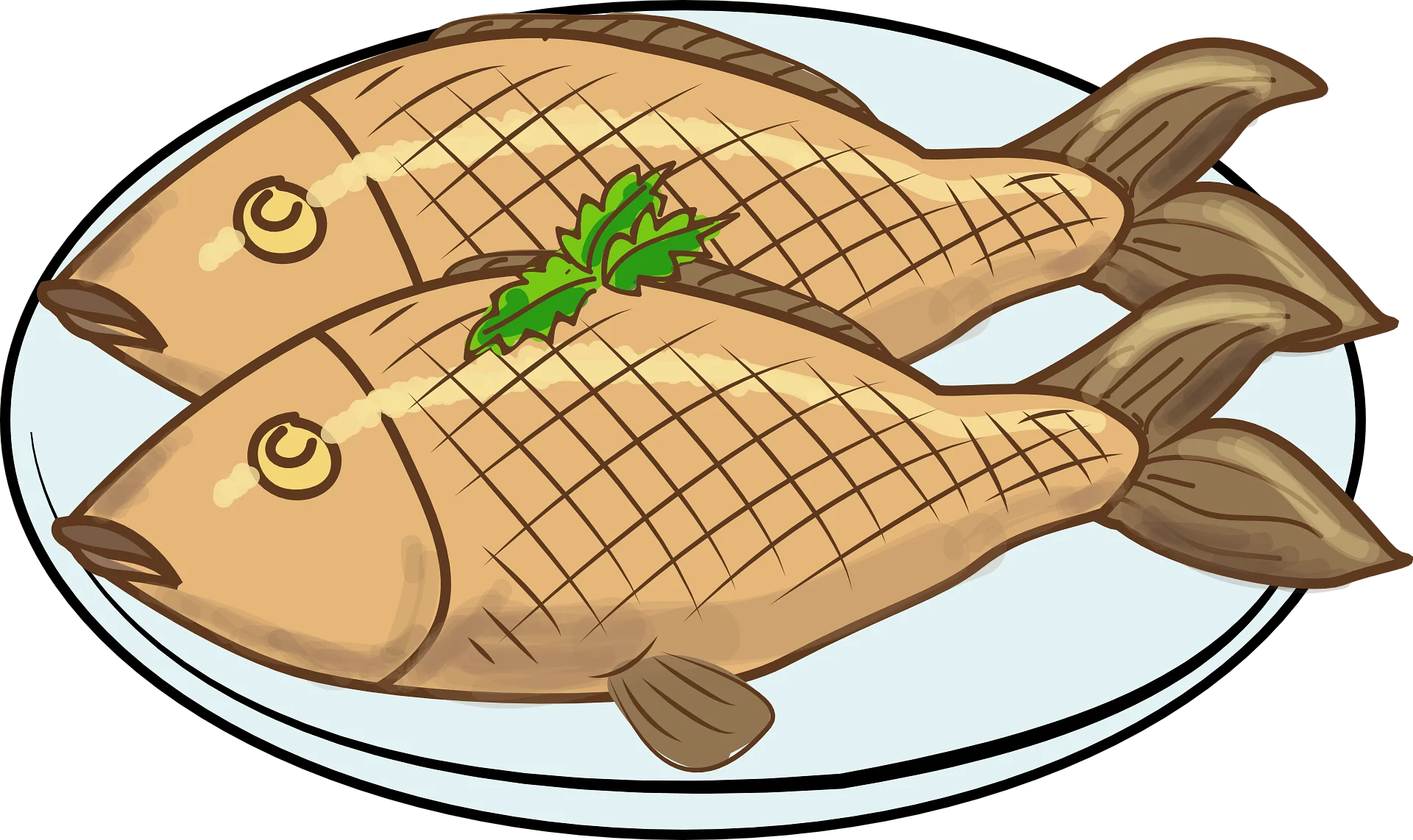 Delightful Seafood Illustration: Two Golden Fish on a Ceramic Plate Clipart