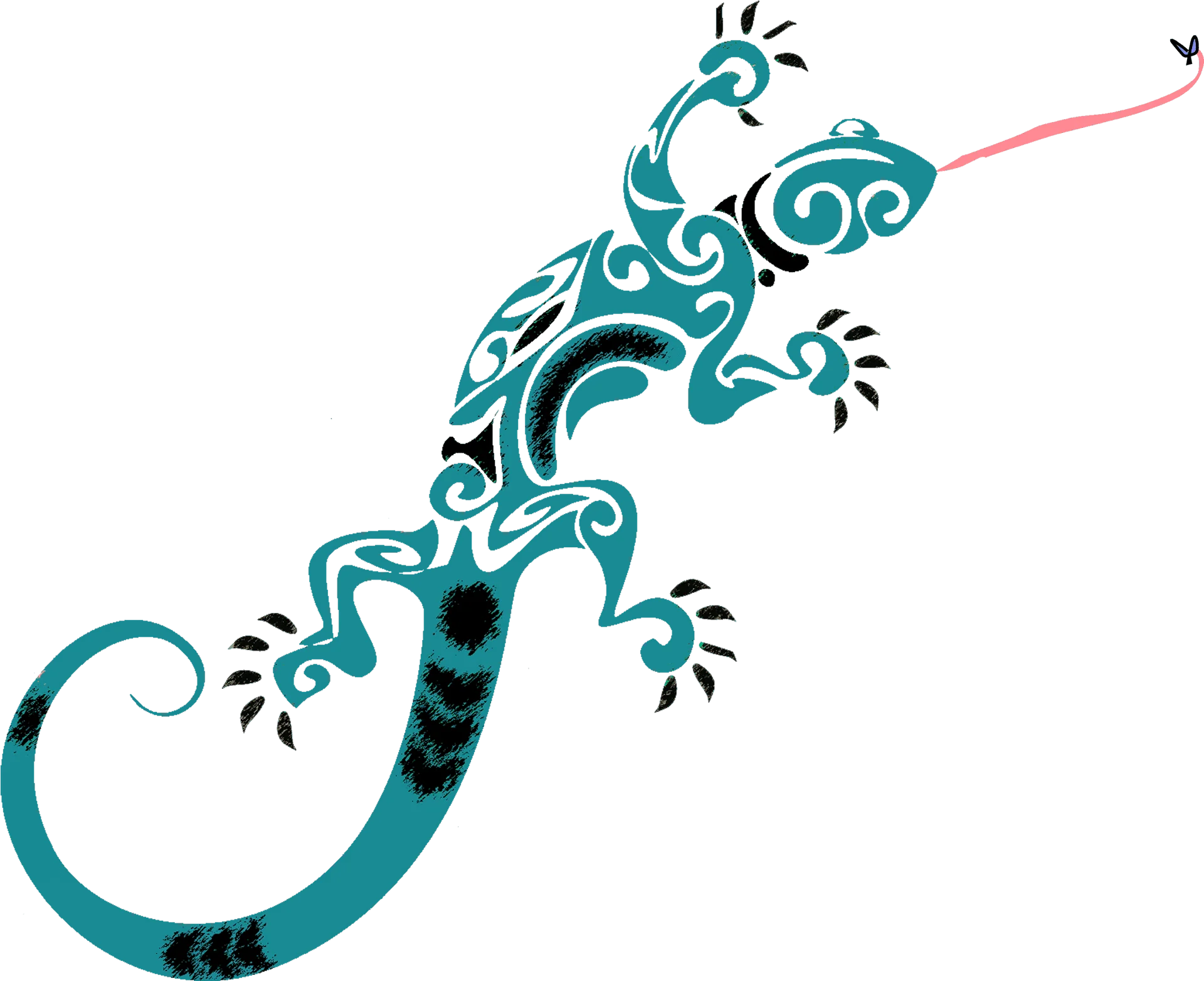 Elegant Turquoise Gecko Tribal Swirl Floral Ornate Clipart Design