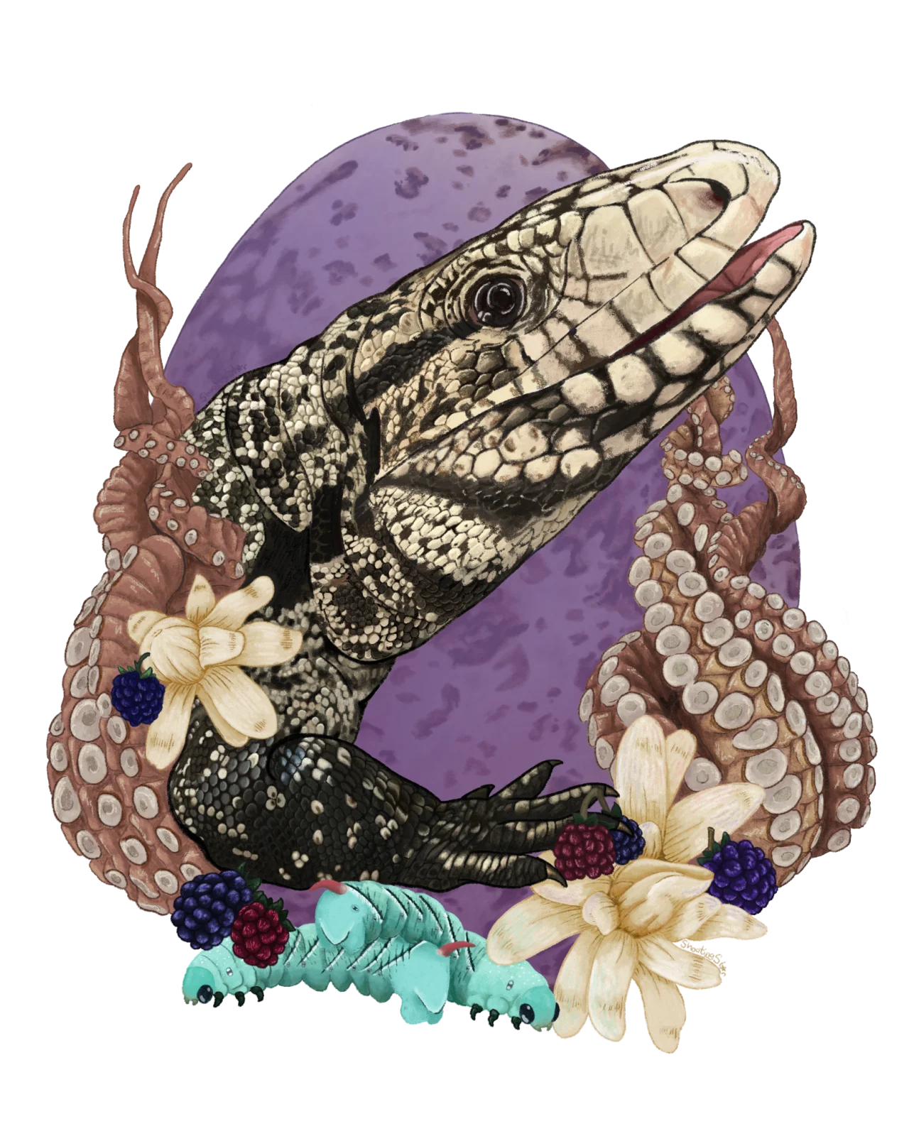 Enchanting Serpentine Scales and Botanical Blossoms: A Whimsical Lizard Clipart Composition