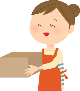 Friendly Woman in Orange Apron Carrying Cardboard Box Clipart Illustration
