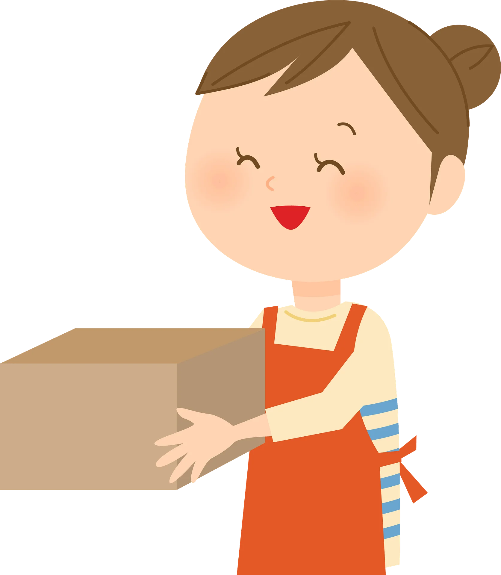Friendly Woman in Orange Apron Carrying Cardboard Box Clipart Illustration