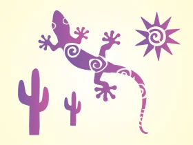 Southwestern Desert Gecko Silhouette Clipart with Cactus and Sun Motif