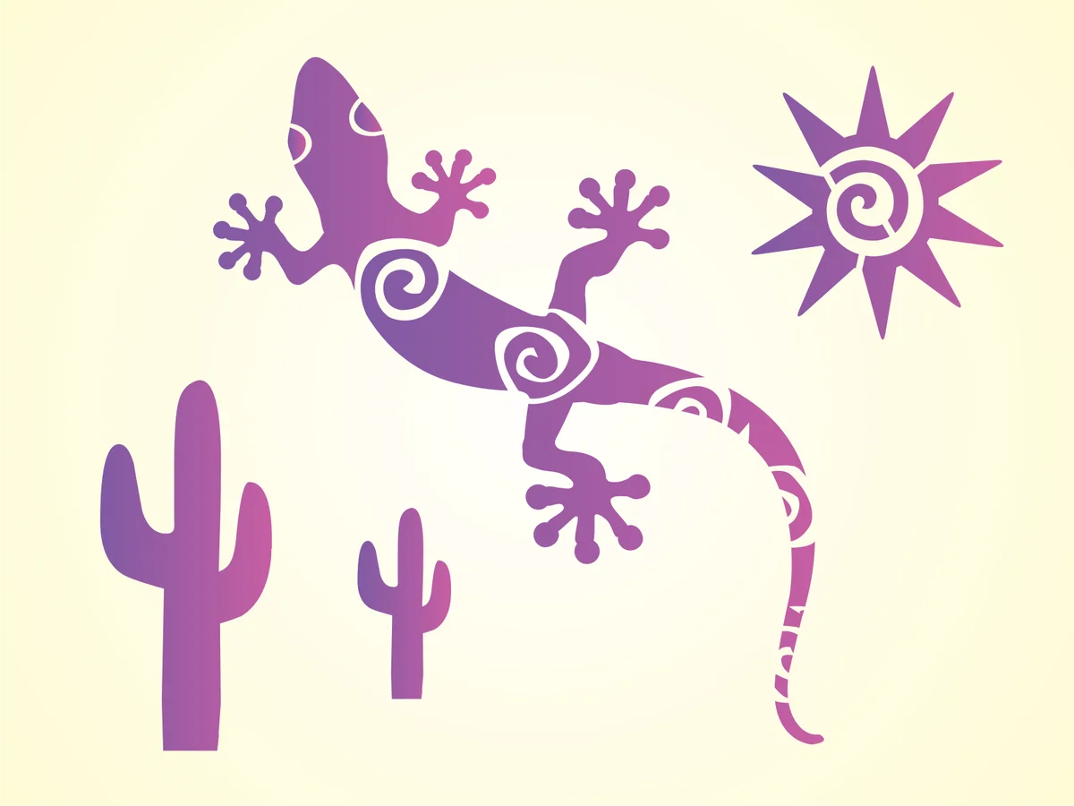 Southwestern Desert Gecko Silhouette Clipart with Cactus and Sun Motif