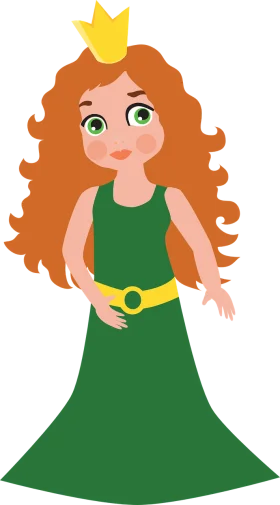 Enchanting Green Princess Clipart with Golden Crown and Curly Hair