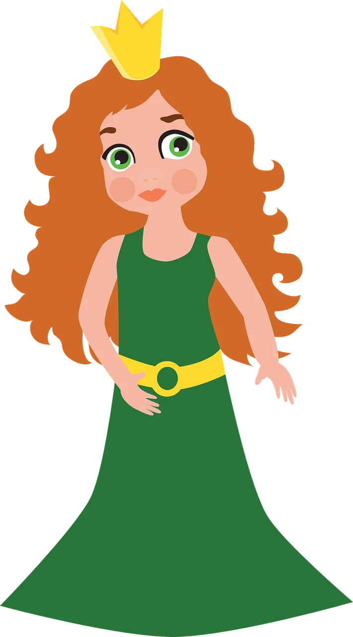 Enchanting Green Princess Clipart with Golden Crown and Curly Hair