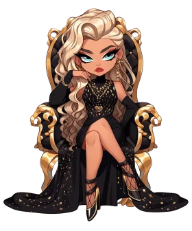 Regal Elegance: Golden-Throned Queen Clipart with Luxurious Dark Glamour