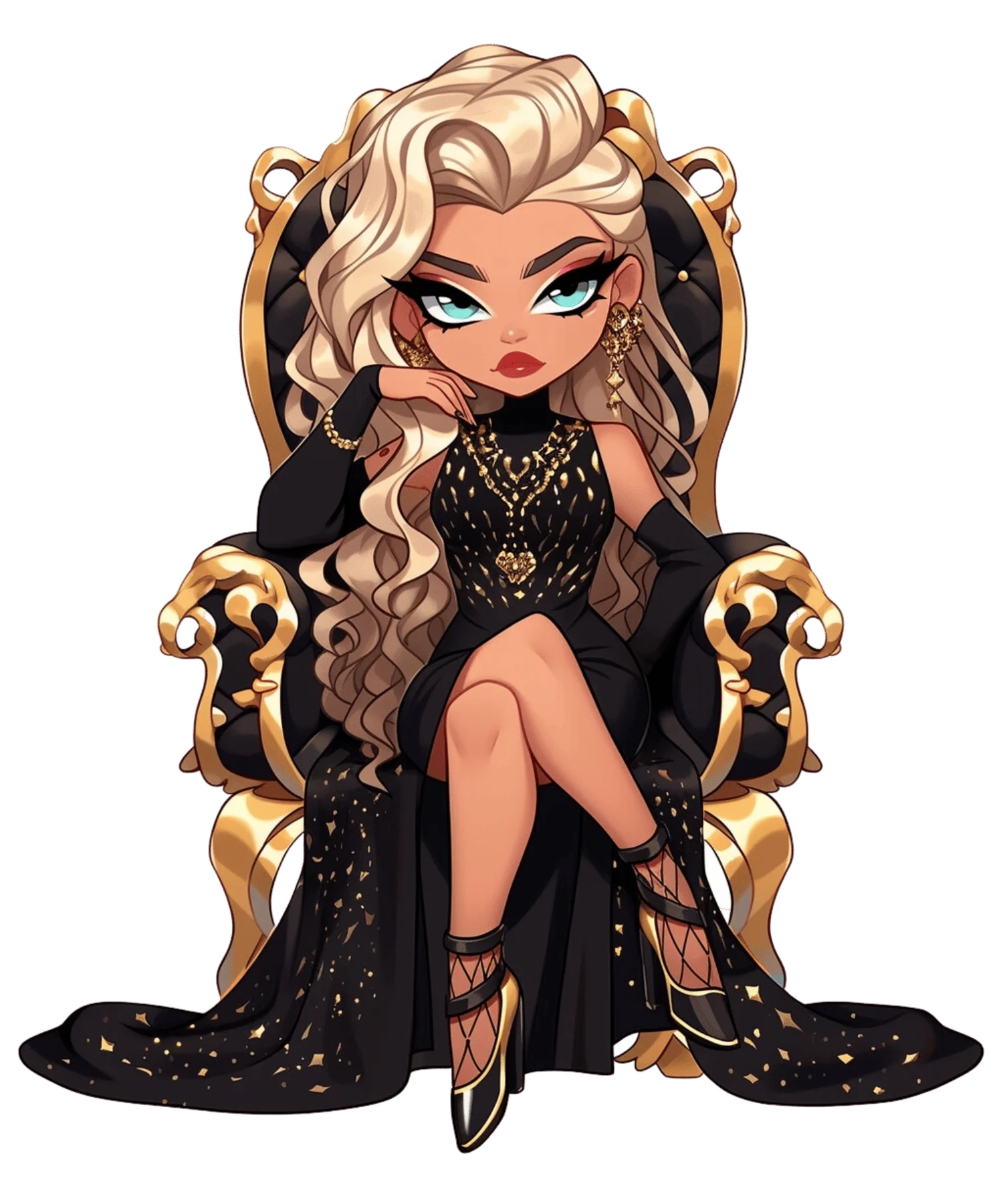 Regal Elegance: Golden-Throned Queen Clipart with Luxurious Dark Glamour