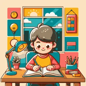 Cheerful Student Studying with Desk Lamp and Learning Tools Clipart Illustration