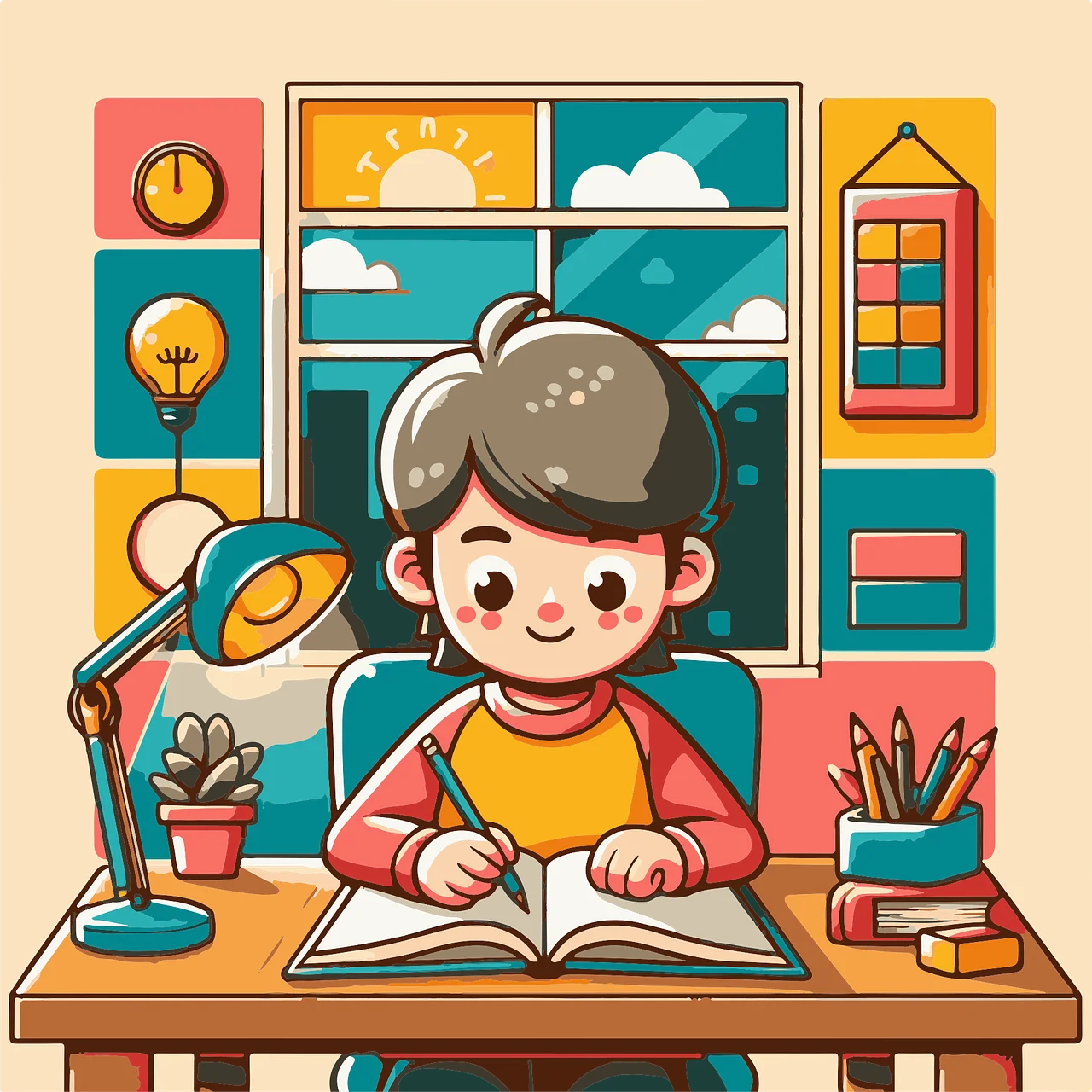 Cheerful Student Studying with Desk Lamp and Learning Tools Clipart Illustration