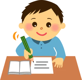Cheerful Young Student Diligently Completing Homework with Green Pencil Clipart