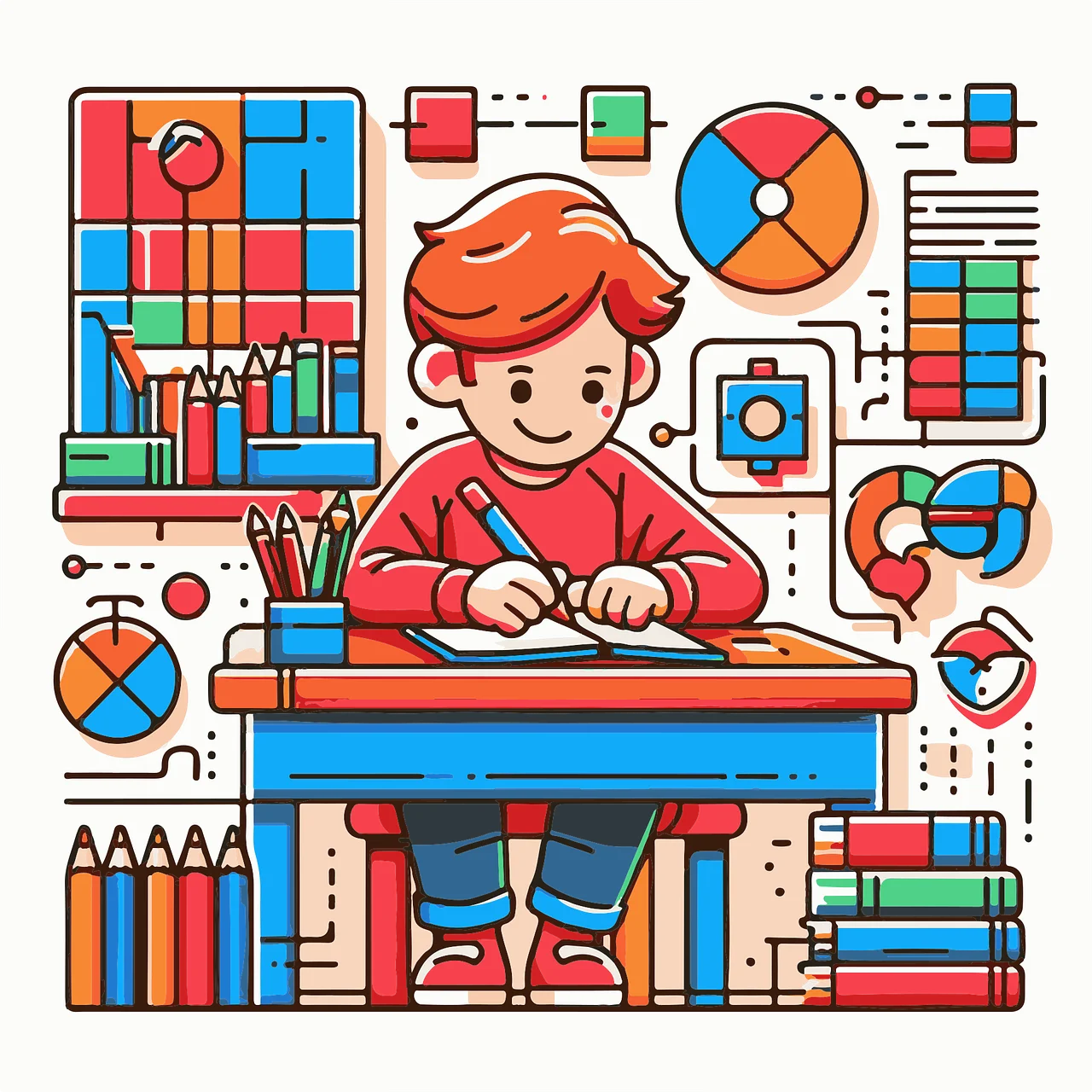 Studious Student Diving into Homework with Colorful Educational Clipart Illustration
