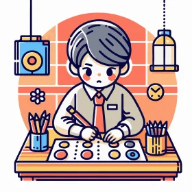 Studious Young Scholar Focused on Homework with Artistic Clipart Illustration