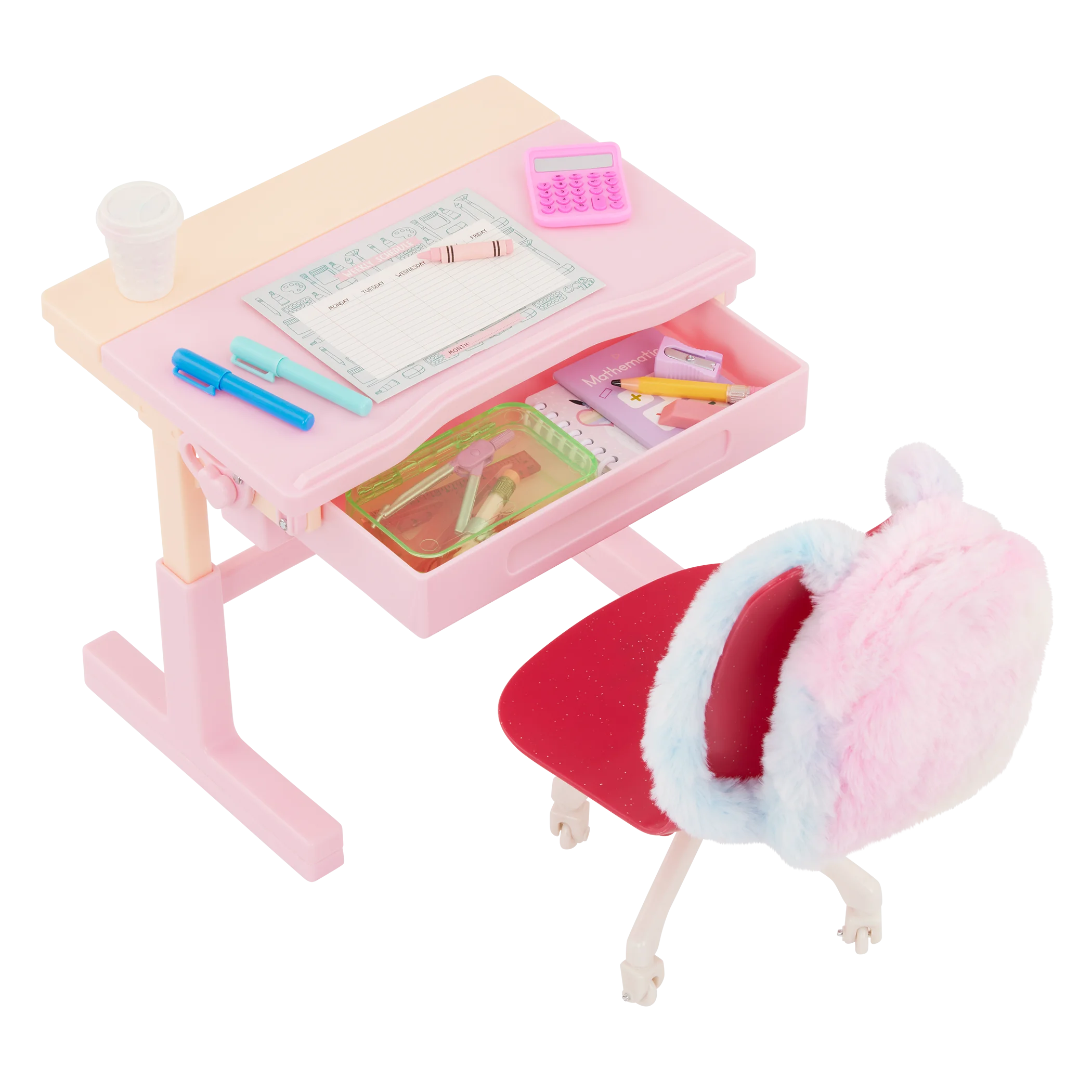 Adorable Pink and Red Children's School Desk Clipart with Drawing Accessories