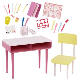 Charming Pink and Yellow Kids Study Space Furniture Clipart Set