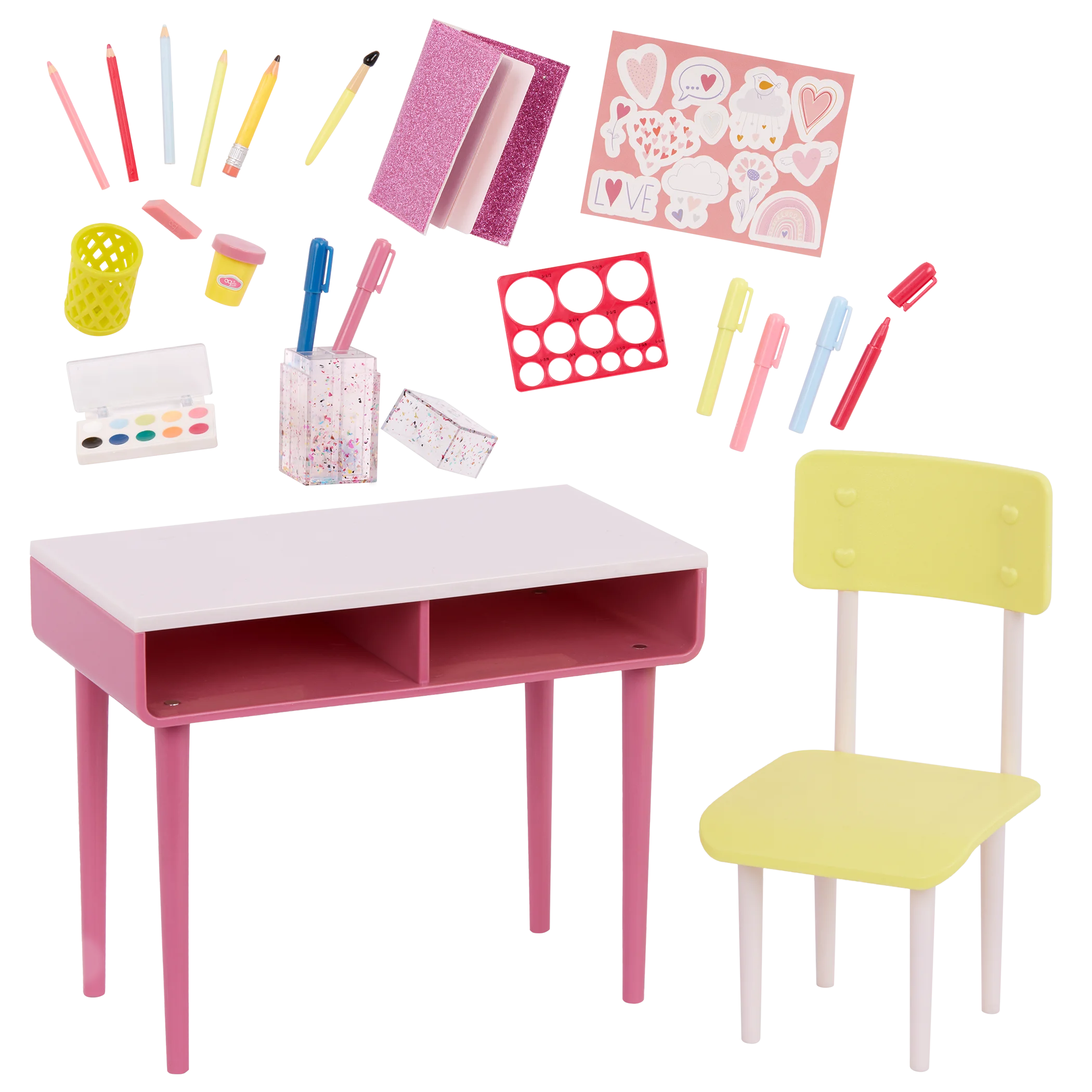 Charming Pink and Yellow Kids Study Space Furniture Clipart Set