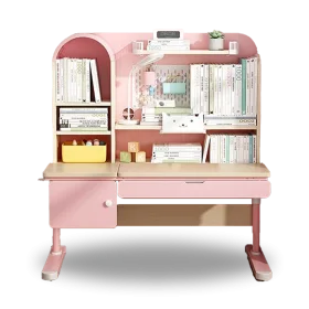 Charming Pink Children's Study Desk Clipart with Organizational Shelves and Storage